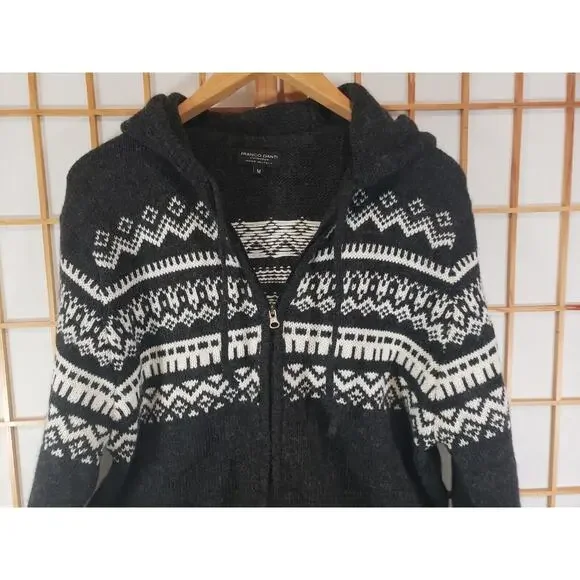 Franco Danti Italian Wool Zip Up Sweater Hooded Fair Isle Charcoal Grey - Size M - Picture 2 of 8